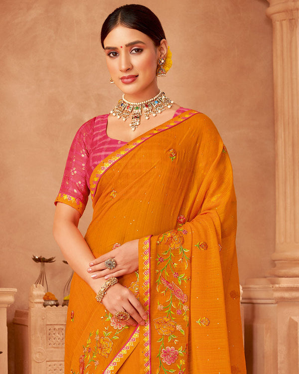 Vishal Prints Orange Designer Chiffon Saree With Diamond Work And Fancy Border