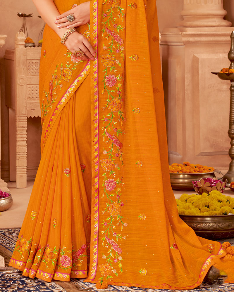 Vishal Prints Orange Designer Chiffon Saree With Diamond Work And Fancy Border