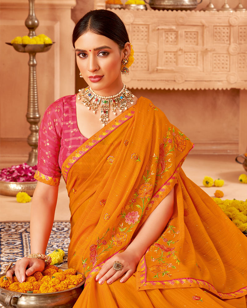 Vishal Prints Orange Designer Chiffon Saree With Diamond Work And Fancy Border