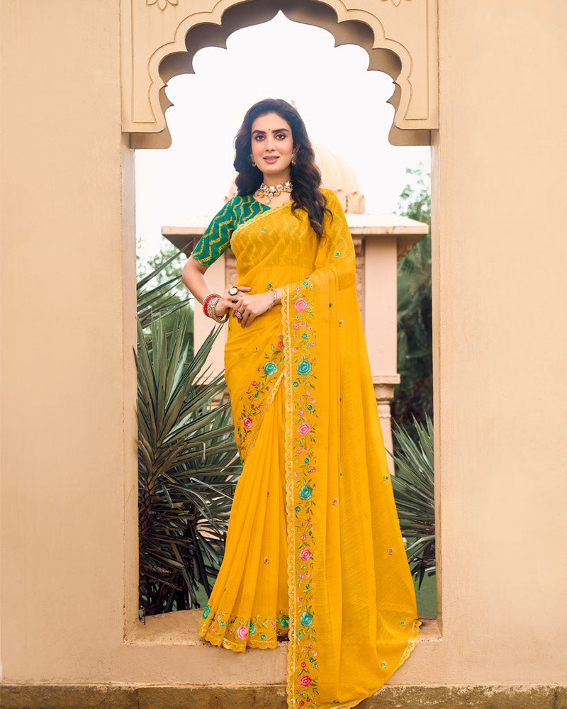 Vishal Prints Yellowish Orange Designer Chiffon Saree With Embroidery-Diamond Work And Cut Work Border
