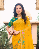 Vishal Prints Yellowish Orange Designer Chiffon Saree With Embroidery-Diamond Work And Cut Work Border