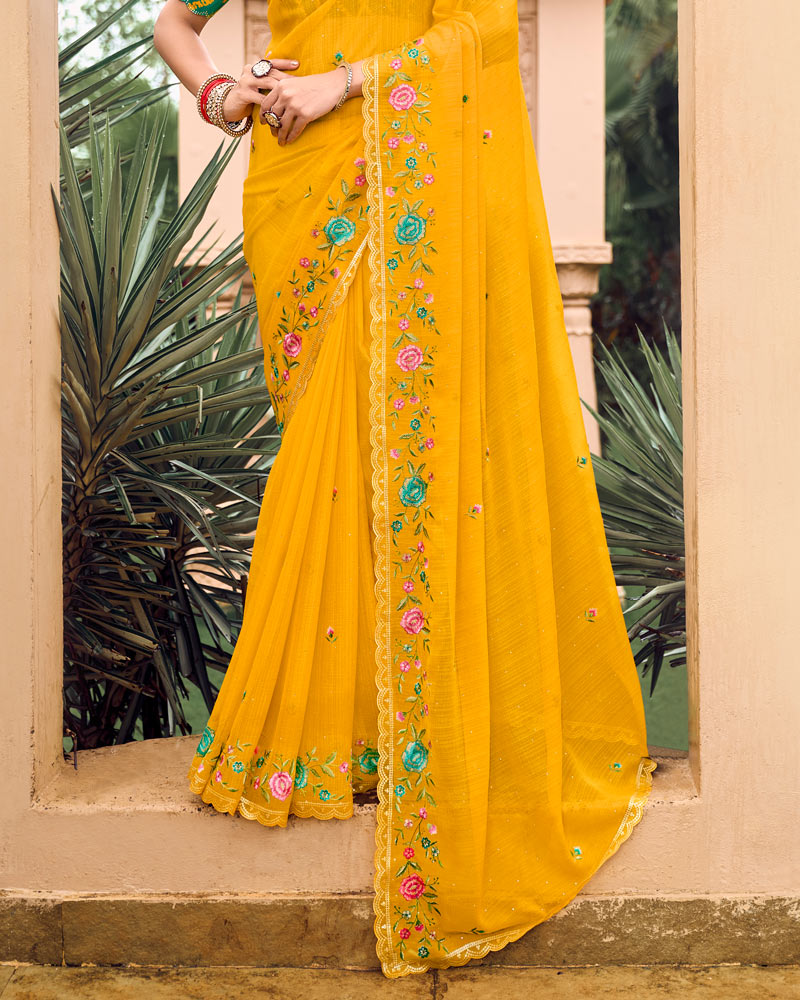 Vishal Prints Yellowish Orange Designer Chiffon Saree With Embroidery-Diamond Work And Cut Work Border