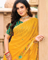Vishal Prints Yellowish Orange Designer Chiffon Saree With Embroidery-Diamond Work And Cut Work Border