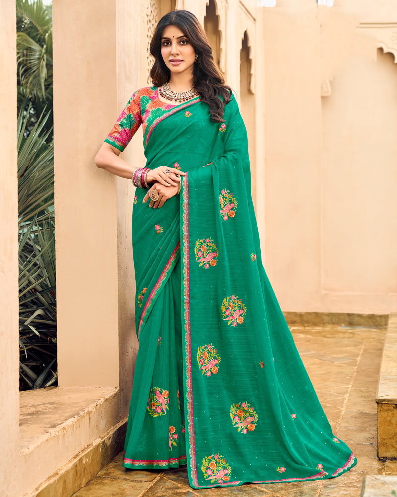 Vishal Prints Pine Green Designer Chiffon Saree With Embroidery-Diamond Work And Fancy Border