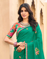 Vishal Prints Pine Green Designer Chiffon Saree With Embroidery-Diamond Work And Fancy Border