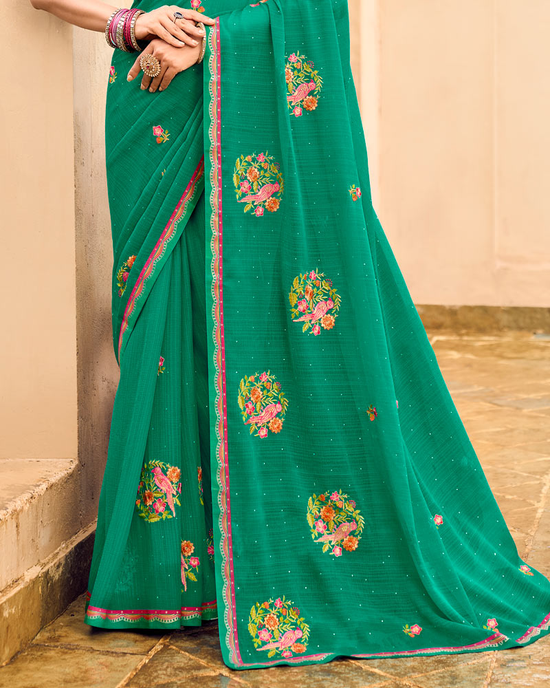 Vishal Prints Pine Green Designer Chiffon Saree With Embroidery-Diamond Work And Fancy Border