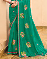 Vishal Prints Pine Green Designer Chiffon Saree With Embroidery-Diamond Work And Fancy Border