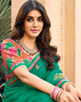Vishal Prints Pine Green Designer Chiffon Saree With Embroidery-Diamond Work And Fancy Border