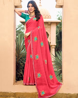 Vishal Prints Pastel Red Designer Chiffon Saree With Embroidery-Diamond Work And Fancy Border