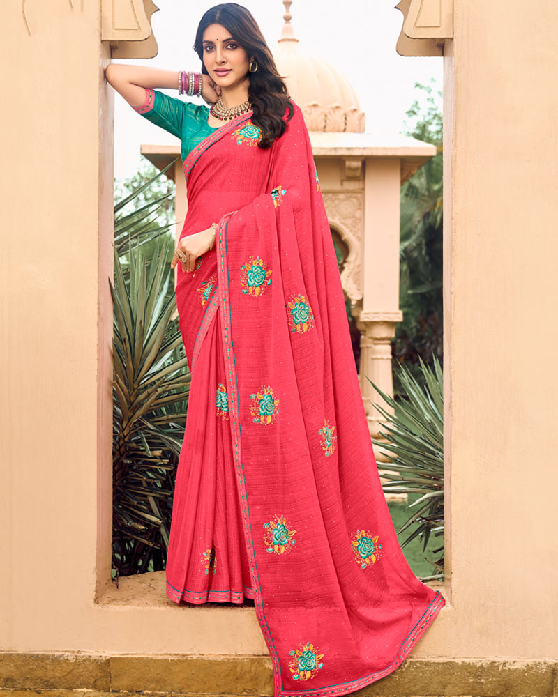 Vishal Prints Pastel Red Designer Chiffon Saree With Embroidery-Diamond Work And Fancy Border