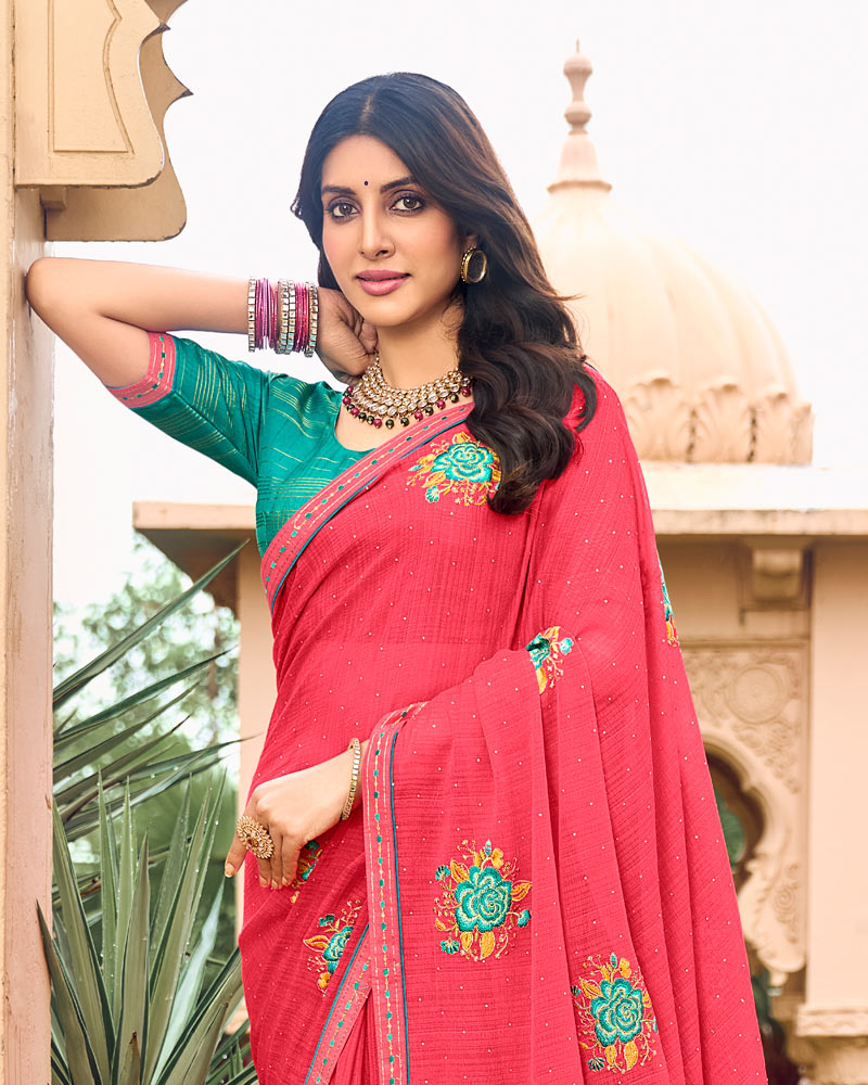 Vishal Prints Pastel Red Designer Chiffon Saree With Embroidery-Diamond Work And Fancy Border