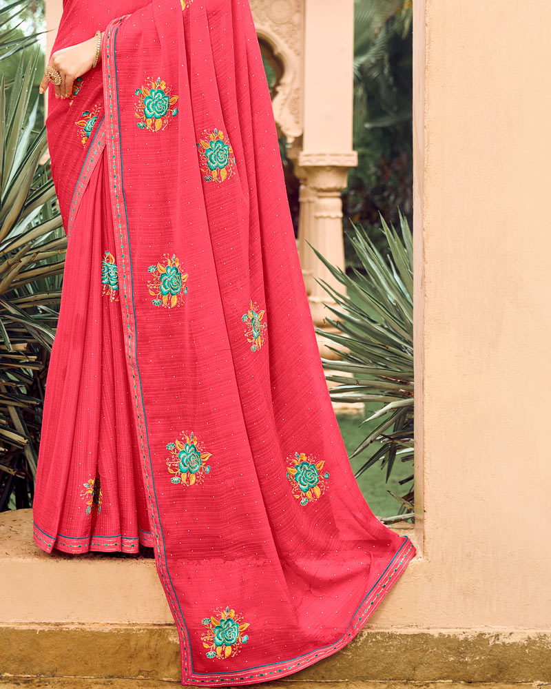Vishal Prints Pastel Red Designer Chiffon Saree With Embroidery-Diamond Work And Fancy Border