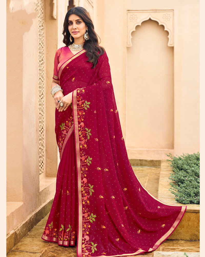 Vishal Prints Purple Red Designer Chiffon Saree With Embroidery-Diamond Work And Zari Border