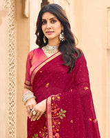 Vishal Prints Purple Red Designer Chiffon Saree With Embroidery-Diamond Work And Zari Border