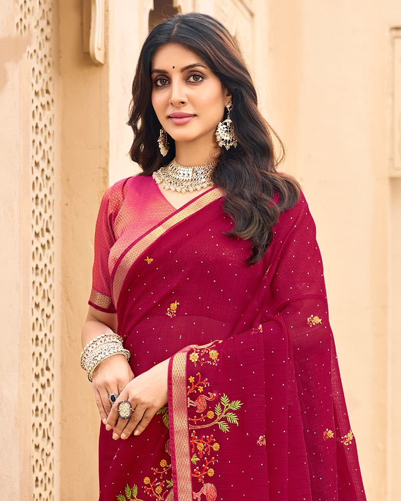 Vishal Prints Purple Red Designer Chiffon Saree With Embroidery-Diamond Work And Zari Border