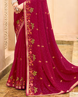 Vishal Prints Purple Red Designer Chiffon Saree With Embroidery-Diamond Work And Zari Border