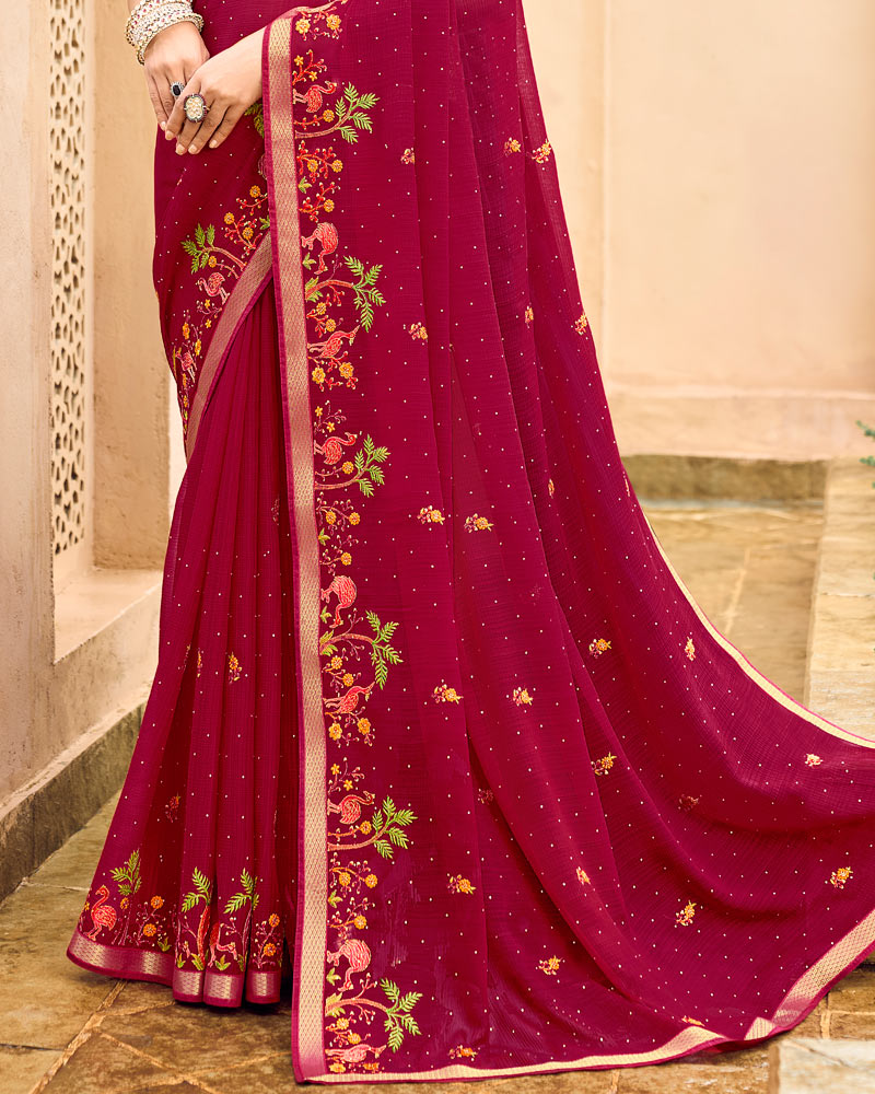 Vishal Prints Purple Red Designer Chiffon Saree With Embroidery-Diamond Work And Zari Border