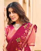 Vishal Prints Purple Red Designer Chiffon Saree With Embroidery-Diamond Work And Zari Border