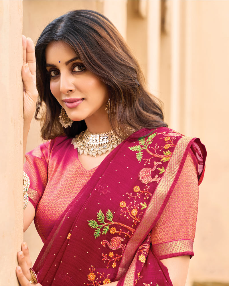 Vishal Prints Purple Red Designer Chiffon Saree With Embroidery-Diamond Work And Zari Border