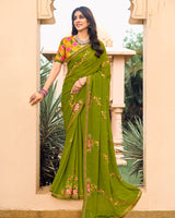Vishal Prints Mehandi Green Designer Chiffon Saree With Embroidery-Diamond Work And Fancy Border