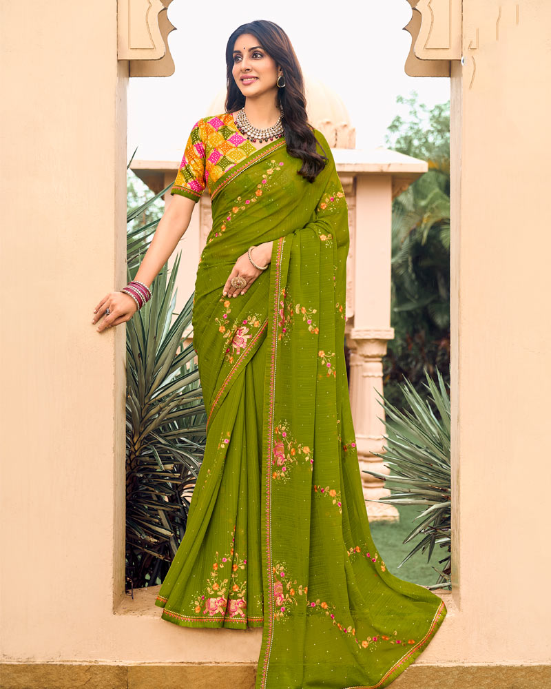 Vishal Prints Mehandi Green Designer Chiffon Saree With Embroidery-Diamond Work And Fancy Border