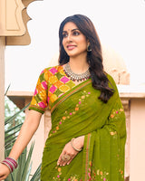 Vishal Prints Mehandi Green Designer Chiffon Saree With Embroidery-Diamond Work And Fancy Border