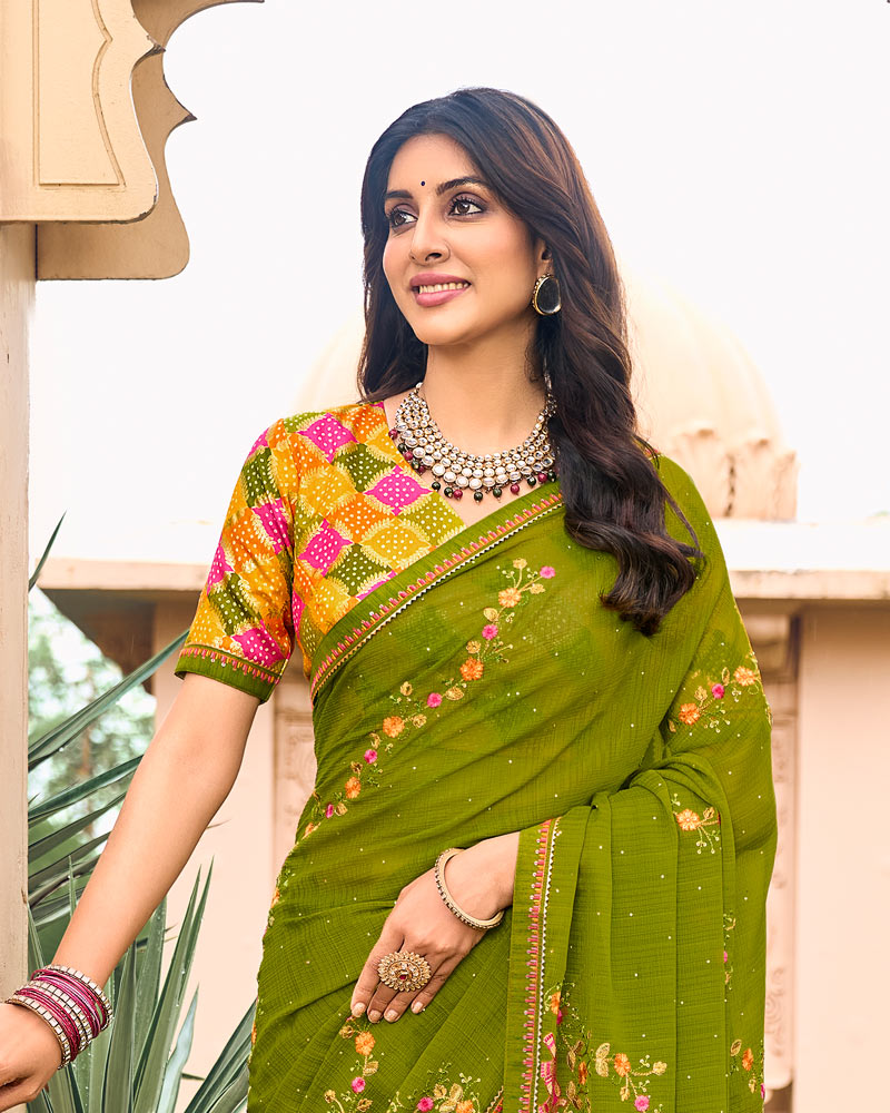 Vishal Prints Mehandi Green Designer Chiffon Saree With Embroidery-Diamond Work And Fancy Border