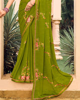 Vishal Prints Mehandi Green Designer Chiffon Saree With Embroidery-Diamond Work And Fancy Border