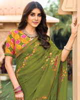 Vishal Prints Mehandi Green Designer Chiffon Saree With Embroidery-Diamond Work And Fancy Border