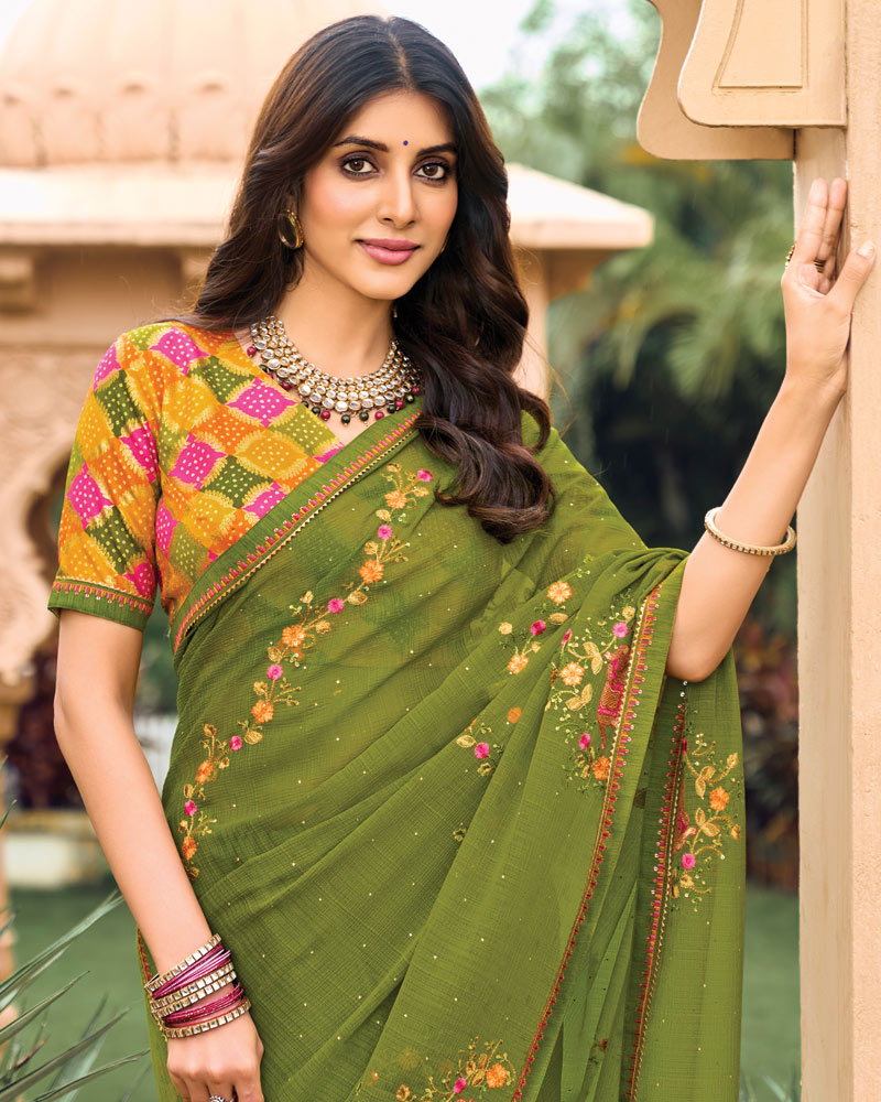 Vishal Prints Mehandi Green Designer Chiffon Saree With Embroidery-Diamond Work And Fancy Border
