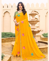 Vishal Prints Yellowish Orange Designer Chiffon Saree With Embroidery-Diamond Work And Fancy Border