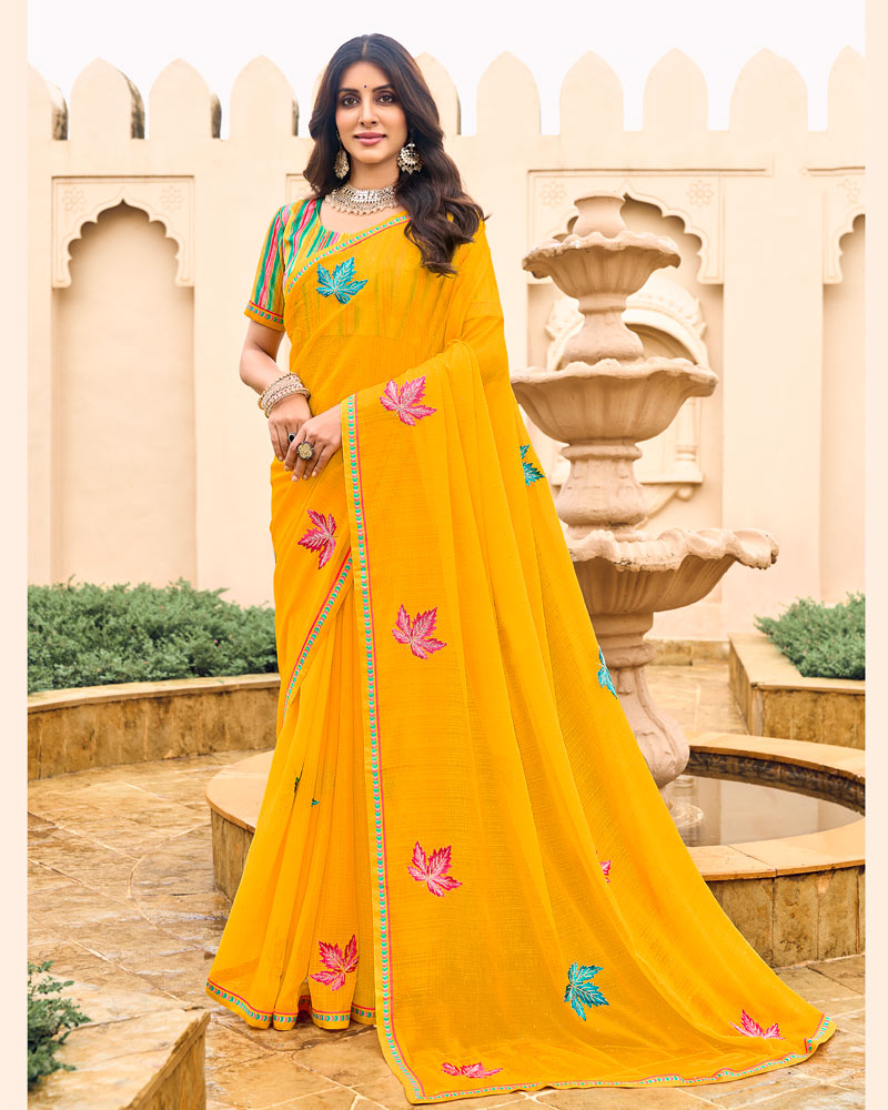 Vishal Prints Yellowish Orange Designer Chiffon Saree With Embroidery-Diamond Work And Fancy Border