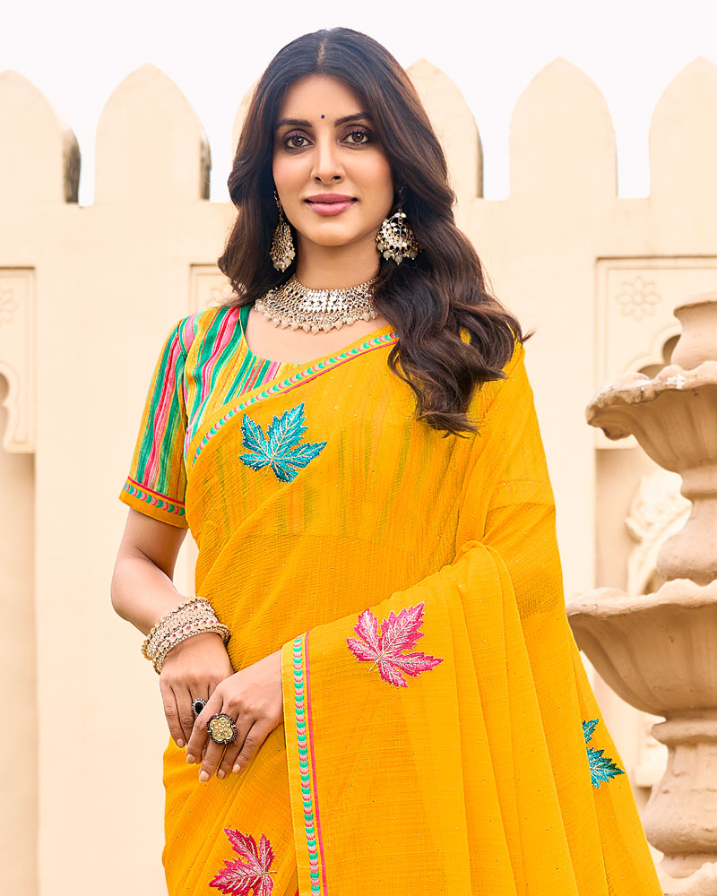 Vishal Prints Yellowish Orange Designer Chiffon Saree With Embroidery-Diamond Work And Fancy Border