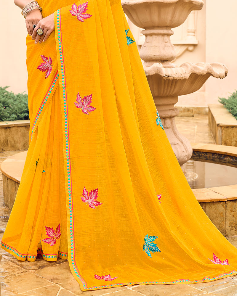 Vishal Prints Yellowish Orange Designer Chiffon Saree With Embroidery-Diamond Work And Fancy Border