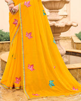 Vishal Prints Yellowish Orange Designer Chiffon Saree With Embroidery-Diamond Work And Fancy Border