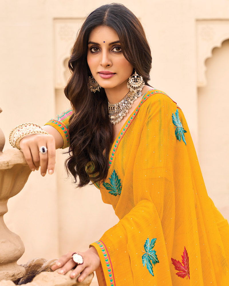 Vishal Prints Yellowish Orange Designer Chiffon Saree With Embroidery-Diamond Work And Fancy Border