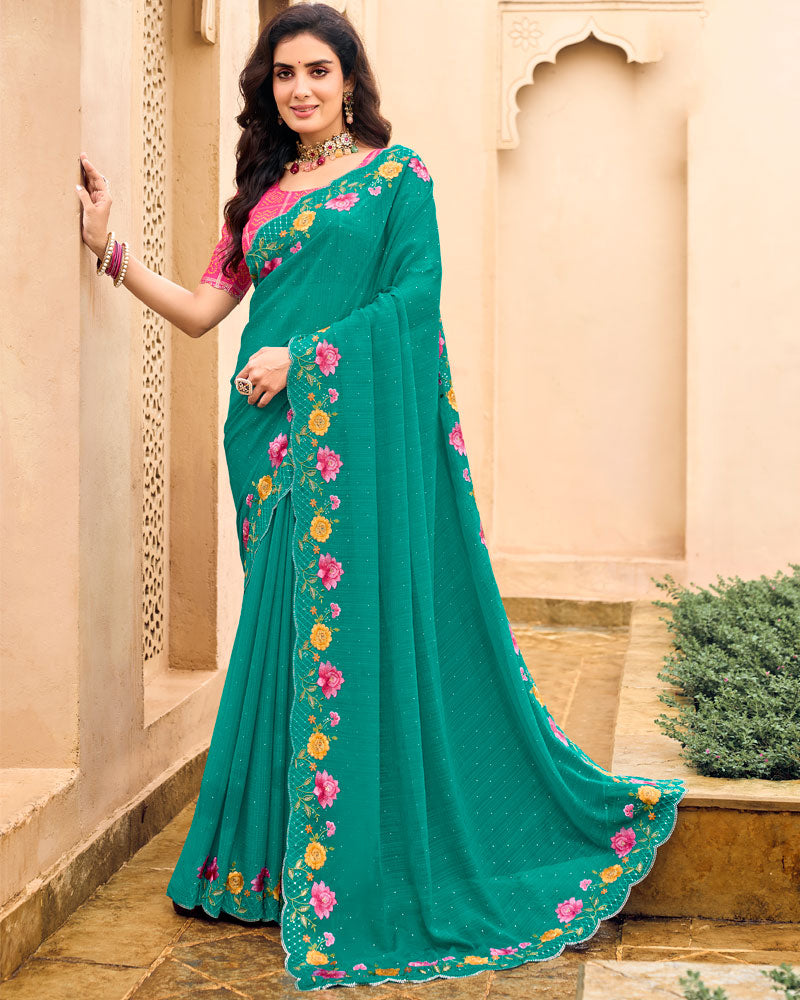 Vishal Prints Aqua Green Designer Chiffon Saree With Embroidery-Diamond Work And Cut Work Border