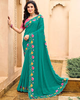 Vishal Prints Aqua Green Designer Chiffon Saree With Embroidery-Diamond Work And Cut Work Border