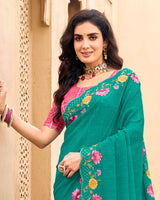 Vishal Prints Aqua Green Designer Chiffon Saree With Embroidery-Diamond Work And Cut Work Border