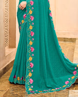 Vishal Prints Aqua Green Designer Chiffon Saree With Embroidery-Diamond Work And Cut Work Border