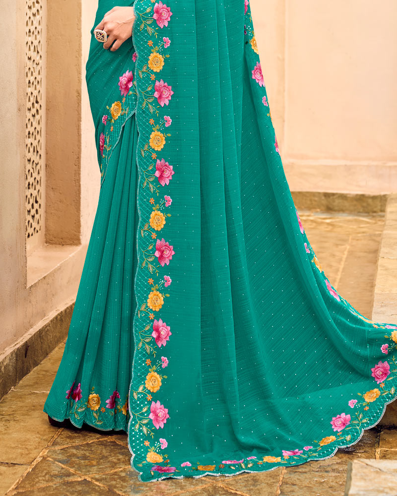 Vishal Prints Aqua Green Designer Chiffon Saree With Embroidery-Diamond Work And Cut Work Border