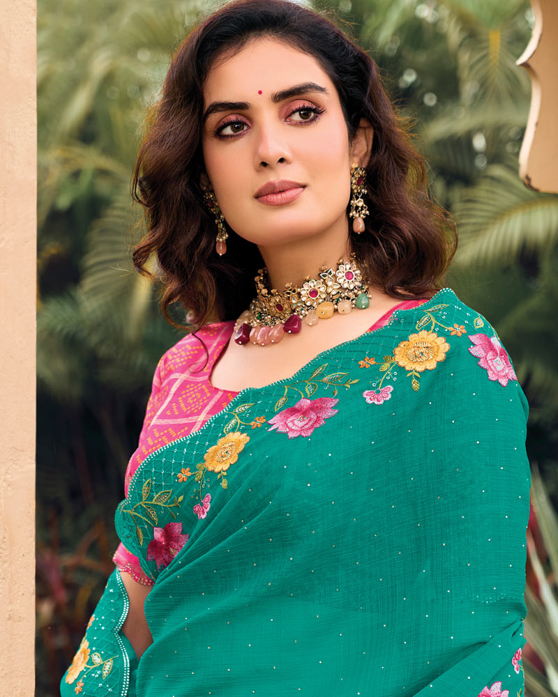 Vishal Prints Aqua Green Designer Chiffon Saree With Embroidery-Diamond Work And Cut Work Border