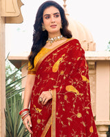 Vishal Prints Crimson Red Designer Chiffon Saree With Embroidery-Diamond Work And Zari Border