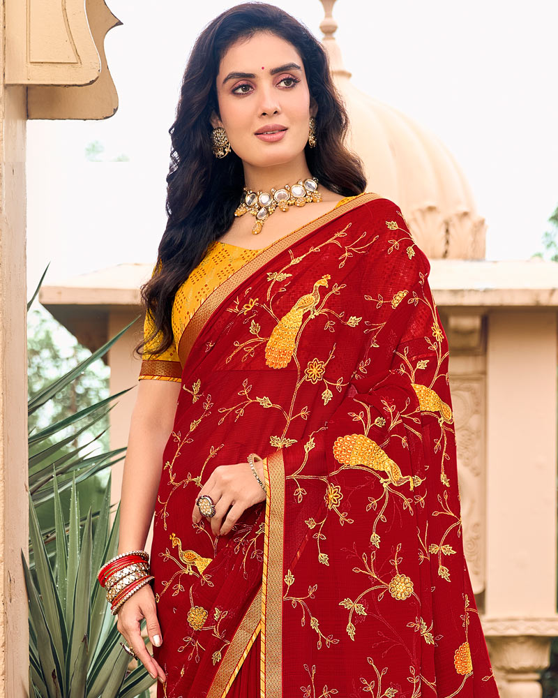 Vishal Prints Crimson Red Designer Chiffon Saree With Embroidery-Diamond Work And Zari Border