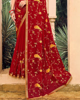 Vishal Prints Crimson Red Designer Chiffon Saree With Embroidery-Diamond Work And Zari Border