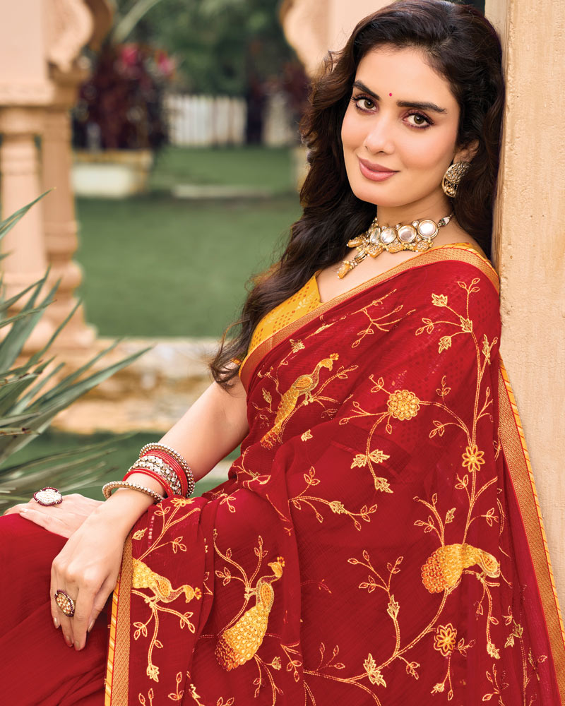 Vishal Prints Crimson Red Designer Chiffon Saree With Embroidery-Diamond Work And Zari Border