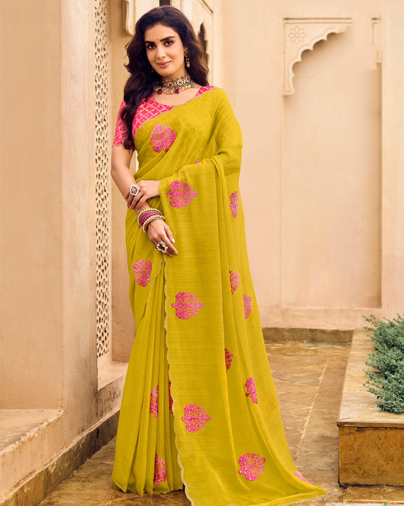 Vishal Prints Ochre Designer Chiffon Saree With Embroidery-Diamond Work And Cut Work Border