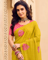 Vishal Prints Ochre Designer Chiffon Saree With Embroidery-Diamond Work And Cut Work Border