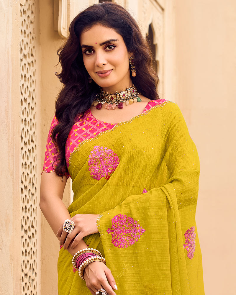 Vishal Prints Ochre Designer Chiffon Saree With Embroidery-Diamond Work And Cut Work Border