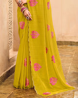 Vishal Prints Ochre Designer Chiffon Saree With Embroidery-Diamond Work And Cut Work Border